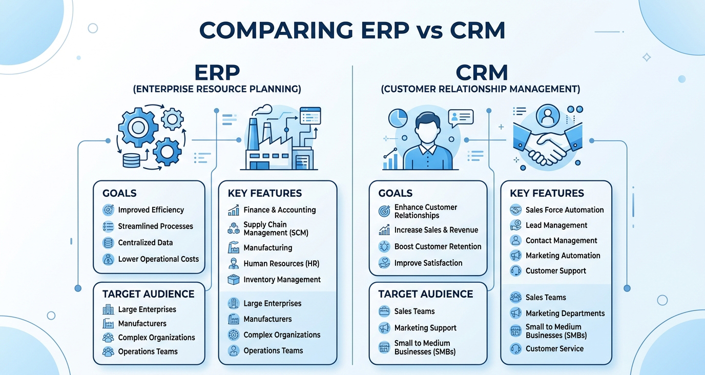 ERP vs CRM comparison chart showing features and differences